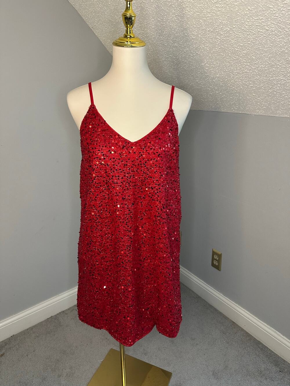 EUC Basic Red Sequin Mini Dress Sz L Adjustable Straps Sparkle Stretch READ